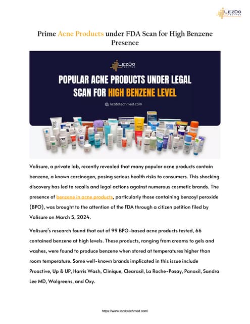 Prime Acne Products under FDA Scan for High Benzene Presence | PDF
