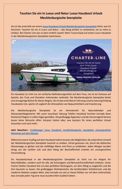 Exklusiver Luxus-Hausbooturlaub in der Mecklenburgischen Seenplatte | PDF