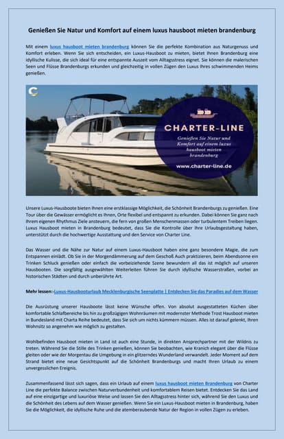 Entdecken Sie luxuriöse Wassernähe Hausboot mieten in Brandenburg | PDF