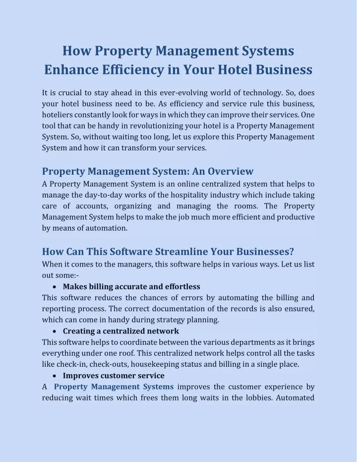 PPT - How Property Management Systems Enhance Efficiency in Your Hotel Business PowerPoint Presentation - ID:13394899